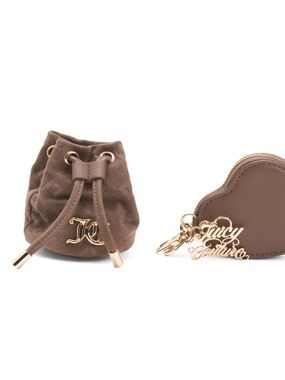 🤎▪️Juicy Couture▪ Brown Suede Drawstring Mini Bag with Heart Coin Micro bag Set